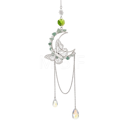 3Pcs Natural Rose Quartz & Aquamarine & Green Aventurine Chips & Brass Moon & 304 Stainless Steel Butterfly Suncatcher HJEW-TA00449-1