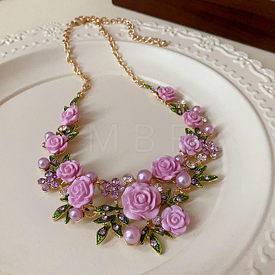 Spring Alloy Rhinestone & Plastic Pearl Rose Flower Garland Bib Necklaces for Women FS-WG9B03D-01-1