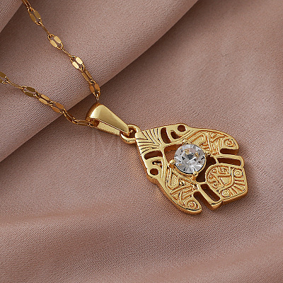 Vintage European 304 Stainless Steel Crystal Rhinestsone Geometric Leaf Pendant Necklaces for Women LI2607-1
