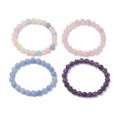 4Pcs Constellation 8mm Round Natural Amethyst & Rose Quartz & White Jade Imitation Aquamarine & White Jade Imitation Morganite Beaded Stretch Bracelets for Women BJEW-JB10633-1