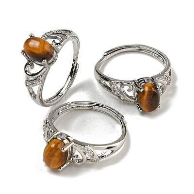 Oval Natural Tiger Eye Adjustable Rings RJEW-Q818-01P-10B-1