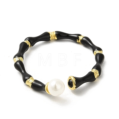 Black Enamel Bamboo Joint Open Cuff Ring with ABS Plastic Pearl Beaded RJEW-H120-08G-1