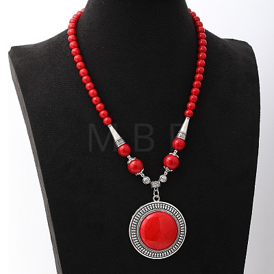 Vintage Alloy with Dyed Synthetic Turquoise Bohemian Flat Round Pendant Round Beaded Necklaces for Women DH5504-3-1