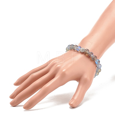 Synthetic Moonstone Round Beaded Stretch Bracelet with Rhinestone BJEW-JB07875-1