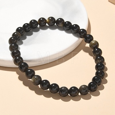 Natural Golden Sheen Obsidian Bead Stretch Bracelets X-BJEW-K212-A-020-1