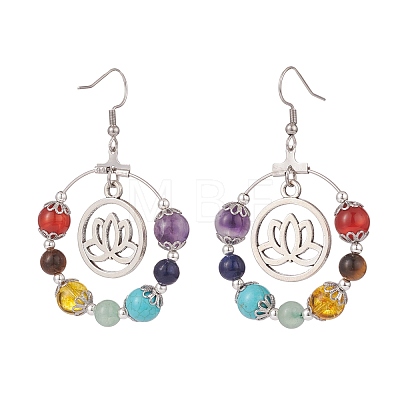 Natural & Synthetic Mixed Gemstone Beaded Big Ring with Alloy Lotus Dangle Earrings EJEW-TA00117-1