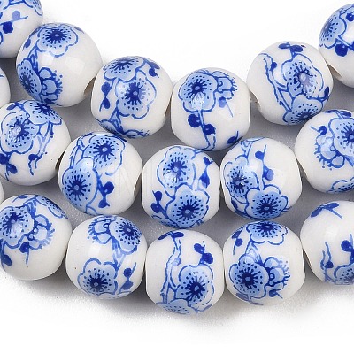 Handmade Flower Printed Porcelain Ceramic Beads Strands PORC-M007-10mm-15-1