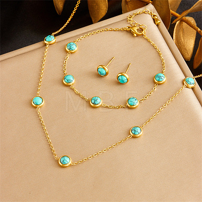 Stainless Steel & Synthetic Turquoise Chain Necklace & Bracelet & Stud Earring FS-WG047CA-07-1