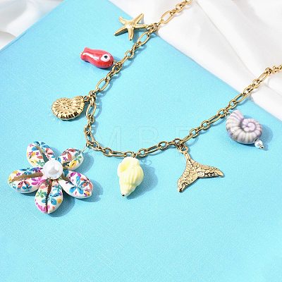 Printed Natural Cowrie Shell Colorful Flower & Ceramics Shell Shape Fish Pendant 304 Stainless Steel Chain Bib Necklaces for Women NJEW-A063-03G-1