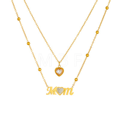 304 Stainless Steel Pave Clear Cubic Zirconia Mom Heart Pendant Double Layer Necklaces for Mother's Day WG85AFE-01-1
