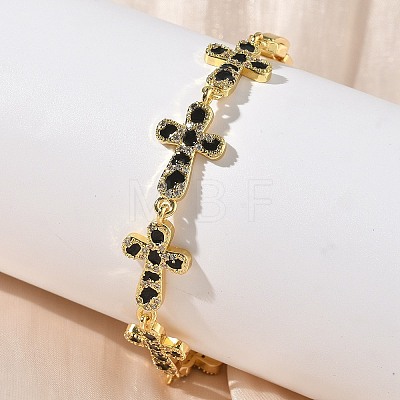 Brass Enamel Micro Pave Clear Cubic Zirconia Cross Link Chain Bracelets for Women BJEW-G764-02G-1