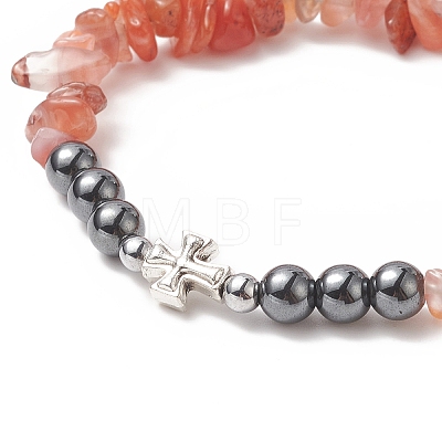 Natural Mixed Gemstone Chips & Synthetic Hematite & Alloy Cross Beaded Stretch Bracelet for Women BJEW-JB09234-1