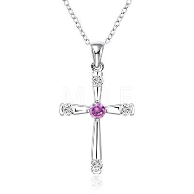 Silver Color Plated Brass Cubic Zirconia Cross Pendant Necklaces NJEW-BB09493-1