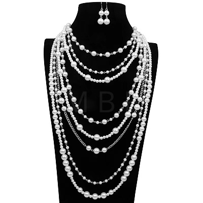 Plastic Imitation Pearl Beaded Multi-layer Necklaces & Dangle Earring Set for Women FS-WGA81C6-01-1