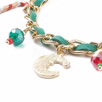 Christmas Candy Cane & Reindeer & Moon Alloy Charm Bracelet with Glass Beads BJEW-TA00090-01-1