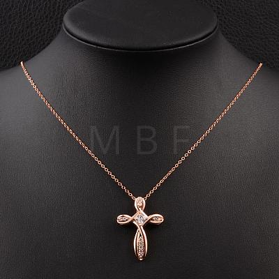 Real Rose Gold Plated Brass Cubic Zirconia Cross Pendant Necklaces NJEW-BB05740-RG-1