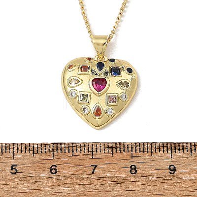 Brass Pave Pink Cubic Zirconia Heart Pendant Brass Curb Chain Necklace for Women NJEW-JN06484-01-1