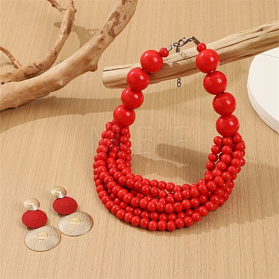 Wood Round Beaded Multilayer Necklaces & Alloy Flat Round Dangle Earrings Sets FS-WG02398-01-1