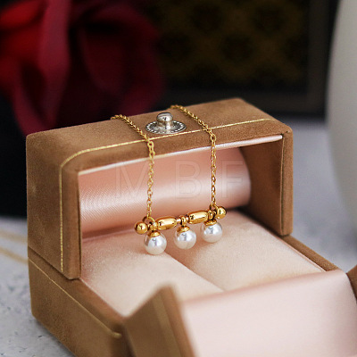 Three Round Glass Pearl Horizontal Bar Pendant 304 Stainless Steel Cable Chain Necklaces for Women WG28E74-01-1