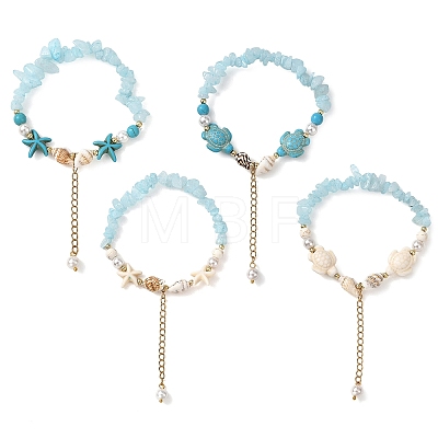Beachy Natural white Jade Chip Beads & Synthetic Turquoise Charm Bracelets BJEW-JB14140-1