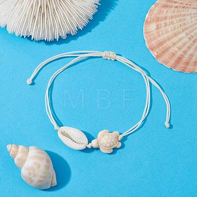 Synthetic Turquoise Turtle & Natural Shell Braided Bead Bracelet BJEW-JB09814-02-1