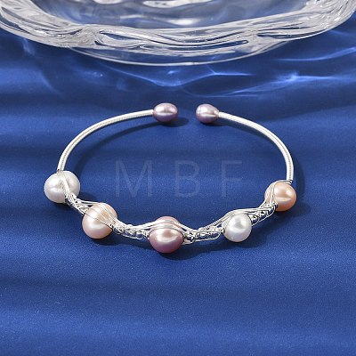 Brass Wire Wrapped Natural Pearl Cuff Bangles for Women BJEW-D453-01S-1