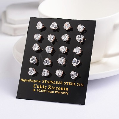 Heart 304 Stainless Steel Cubic Zirconia Stud Earrings EJEW-H306-28RG-4mm-1