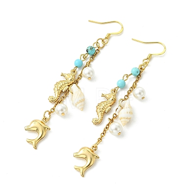 Shell Pearl Bead & 316 Surgical Stainless Steel Charms Dangle Earrings for Women EJEW-JE07274-1