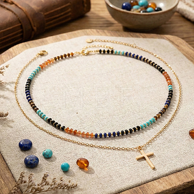 Stainless Steel Religion Cross Pendant Colorful Natural Mixed Gemstone Rondelle Beaded Double Layer Necklaces for Women TF5926-1