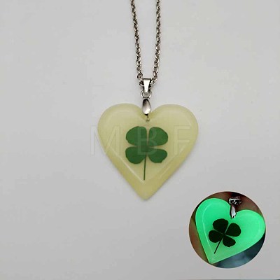 Glow in the Dark Resin Heart with Clover Pendant Necklace TU8342-3-1