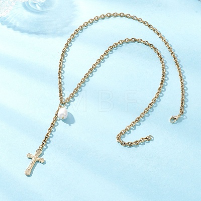304 Stainless Steel Cable Chain Tassel Cross Pendant Necklaces NJEW-JN05653-1