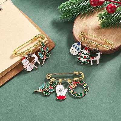 3Pcs 3 Style Christmas Tree & Snowman & Deer Alloy Enamel Charms Safety Pin Brooches JEWB-BR00094-1