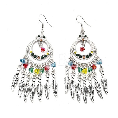Ring & Feather Alloy & Glass Chandelier Earrings EJEW-G426-01AS-1