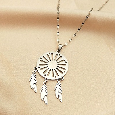 Non-Tarnish Woven Net/Web with Feather 304 Stainless Steel Pendant Necklaces for Women NJEW-G087-05P-1