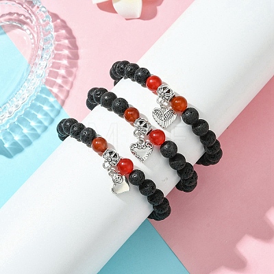 Natural Lava Rock Round & Carnelian Beads Stretch Bracelets for Women BJEW-JB11472-1