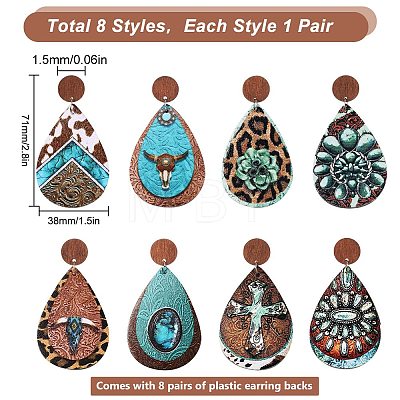 8 Pairs 8 Styles Teardrop PU Imitation Leather Dangle Stud Earring EJEW-SC0001-38-1