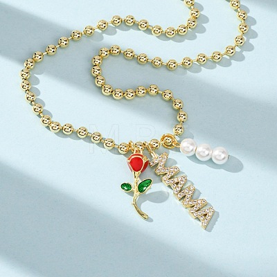 Mother's Day Brass Micro Pave Clear Cubic Zirconia Enamel Red Rose Flower Mama Pendant Necklaces for Women NJEW-A071-02G-1