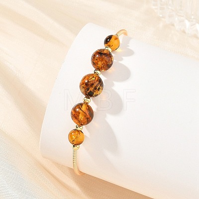 Natural Amber Round Graduated Beaded Brass Cuff Bangles BJEW-JB14463-01-1