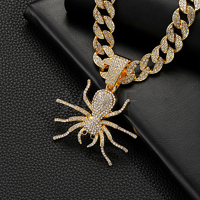 Alloy Full Crystal Rhinestone Halloween Spider Pendant Cuban Link Chain Necklaces for Men FS-WG4B1F3-01-1