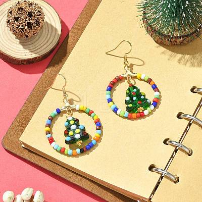 Glass Seed Beaded Ring with Lampwork Christmas Tree Dangle Earrings EJEW-TA00231-1