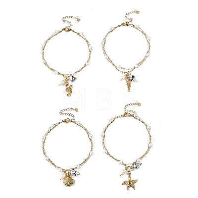 Ocean 304 Stainless Steel Sea Animals & Handmade Flower Printed Porcelain Ceramic Charm Anklets AJEW-AN00866-1