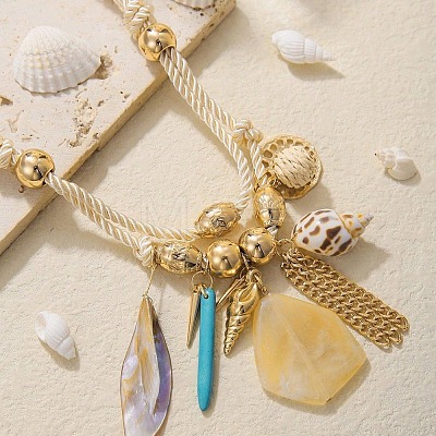 Bohemian Alloy Chain & Round CCB Plastic & Natural Shell Pendant Cotton Cord Bib Necklaces for Women FS-WGD6F52-01-1
