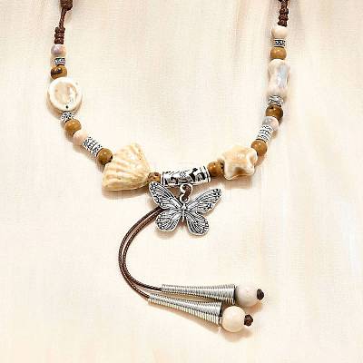 Ethnic Style Alloy & Porcelain Ceramic Beads Butterfly Pendant Tassel Y Necklaces NJEW-D308-01D-1
