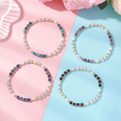 Natural Gemstone & Cultured Freshwater Pearl Cube & Rice Beaded Stretch Bracelets for Women BJEW-JB13390-1