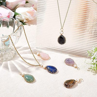  6Pcs 6 Styles Natural Gemstone Copper Wire Wrapped Pendants G-NB0003-75-1