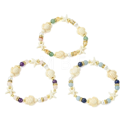 3Pcs Shell Pearl & Natural & Synthetic Mixed Gemstone Beads Stretch Bracelets for Women BJEW-JB13898-1