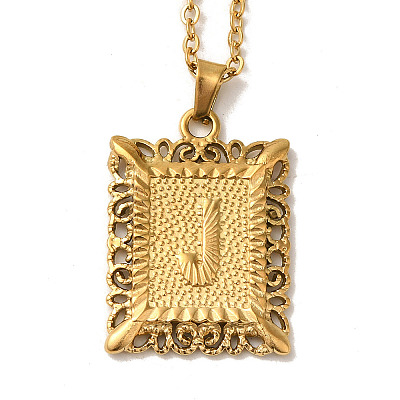 201 Stainless Steel Cable Chain Rectangle with Letter Pendant Necklaces NJEW-M070-01G-J-1