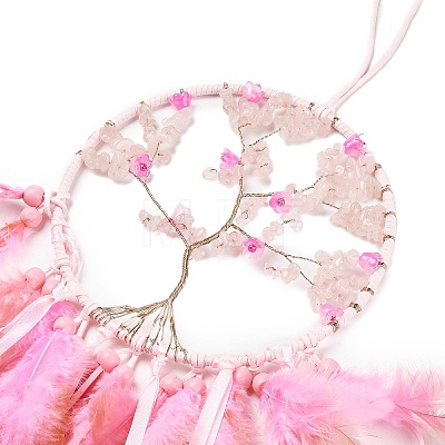 Tree of Life Natural Rose Quartz Chip Woven Web/Net with Feather Hanging Ornaments HJEW-G025-04-1