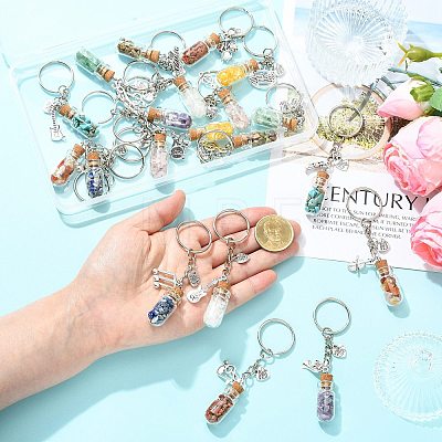 20Pcs Glass Bottle with Natural & Synthetic Gemstone Chip Keychains KEYC-CJ00014-1
