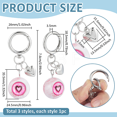 3Pcs 3 Colors Eye Alloy Resin Pendant Keychains KEYC-PH0002-38-1